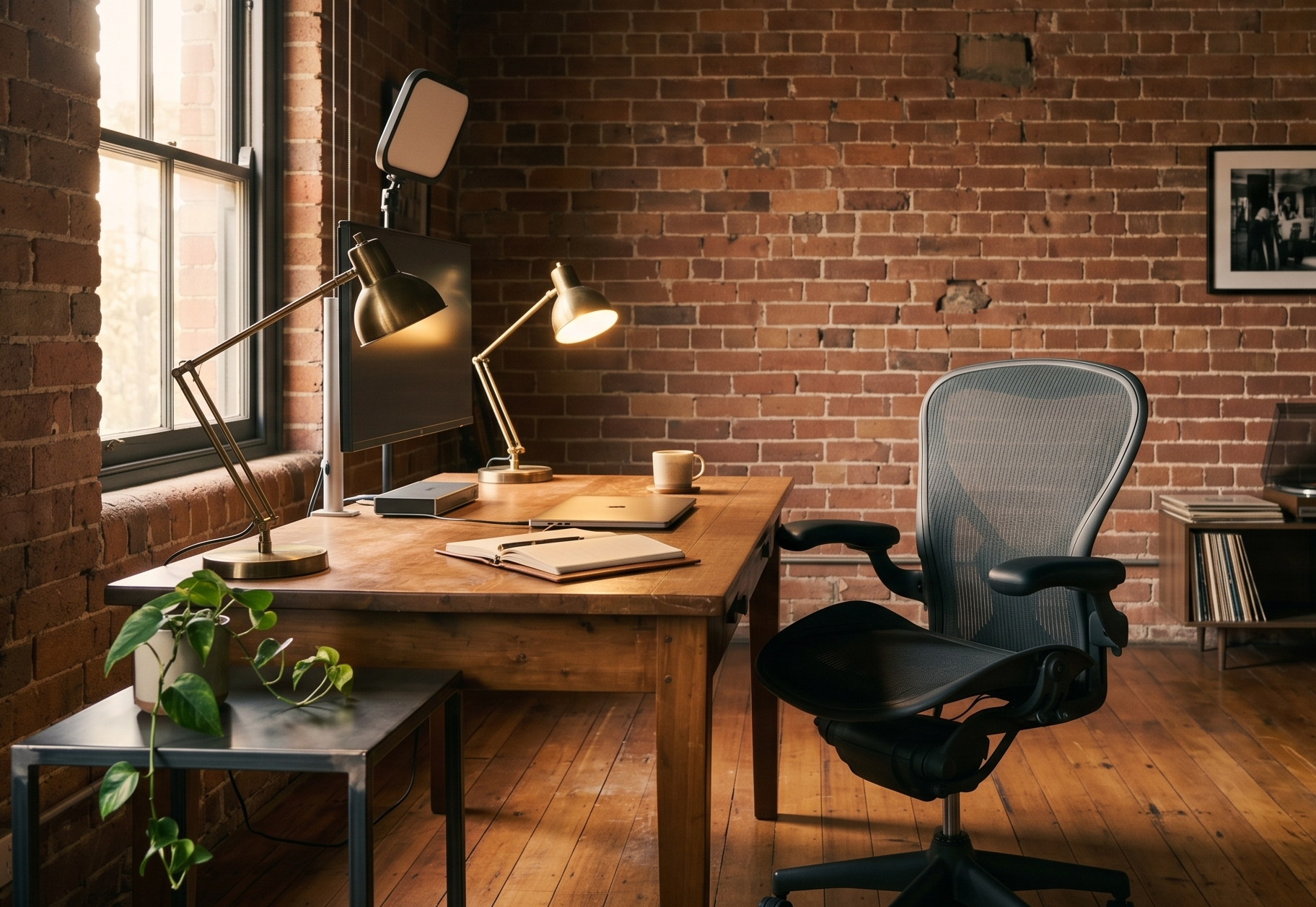 Factory Floor work nook — full-size desk, ergonomic chair, brass lamps in a brick warehouse