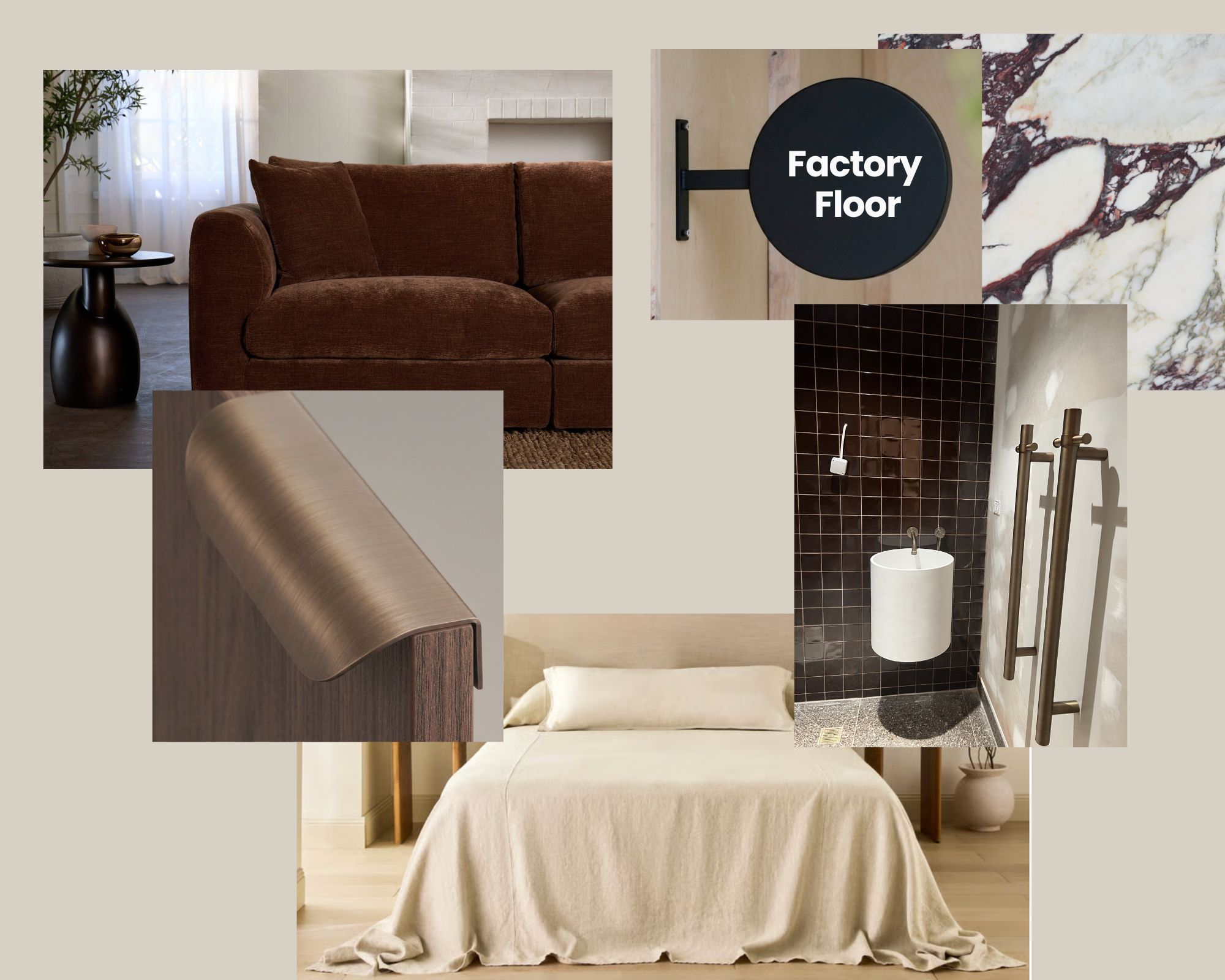 Factory Floor — interior mood board with the building sign